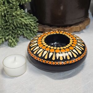Handcrafted Black and Orange Mandala Tealight Holder 1019